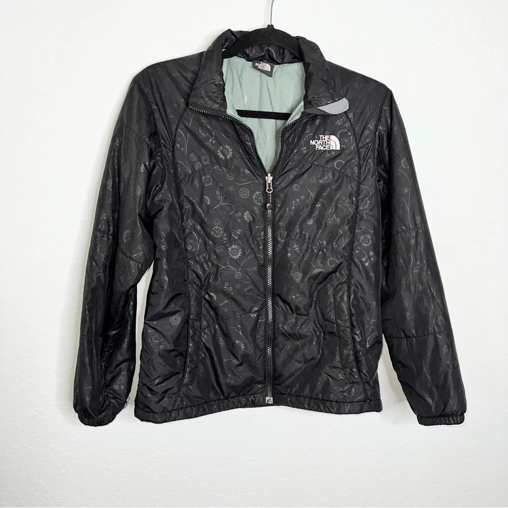 The North Face Jacket Coat Girls Large Floral Puffer Black Zip Up Soft Shell C1